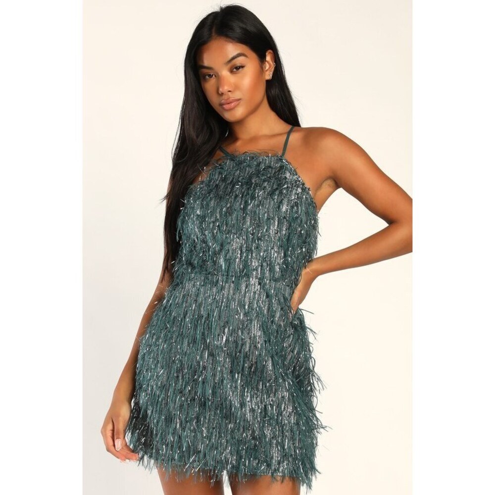 Lulus  Teal And Silver Lurex Mini Dress Blue - Size M. Worn Once
